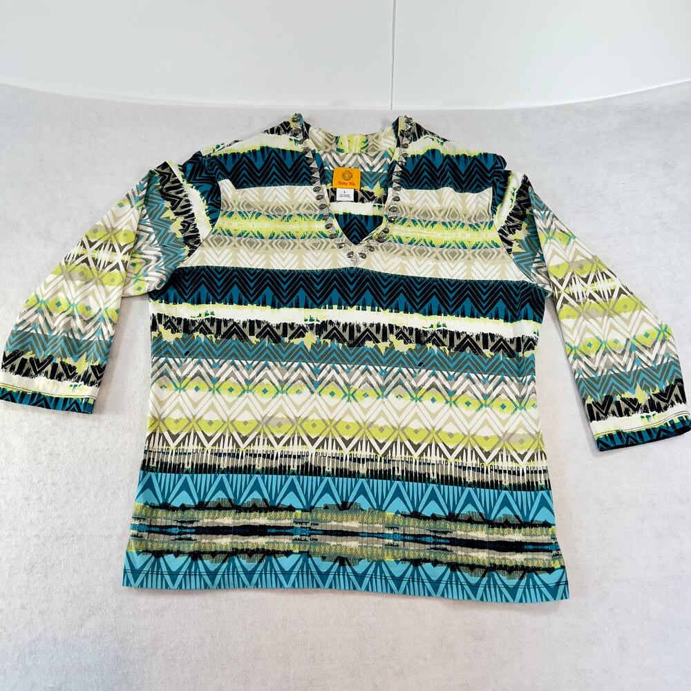 Ruby Rd. Scoop Neck Pull-Over Woman's L Studded Neckline Aztec BOHO Geometric